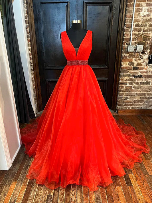 Red V-Neck Tulle Long Prom Dress, Red A-Line Evening Dress with Beaded  TP352