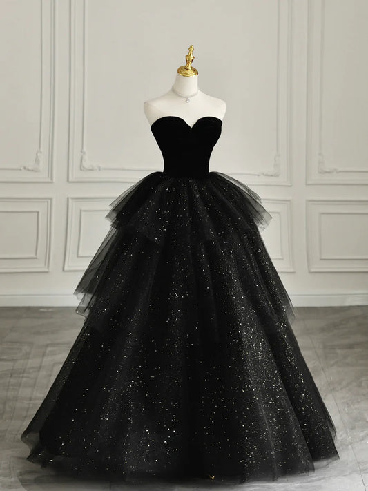 Black Strapless Tulle Formal Dress with Velvet, A-Line Sweetheart Neck Long Prom Dress  TP369