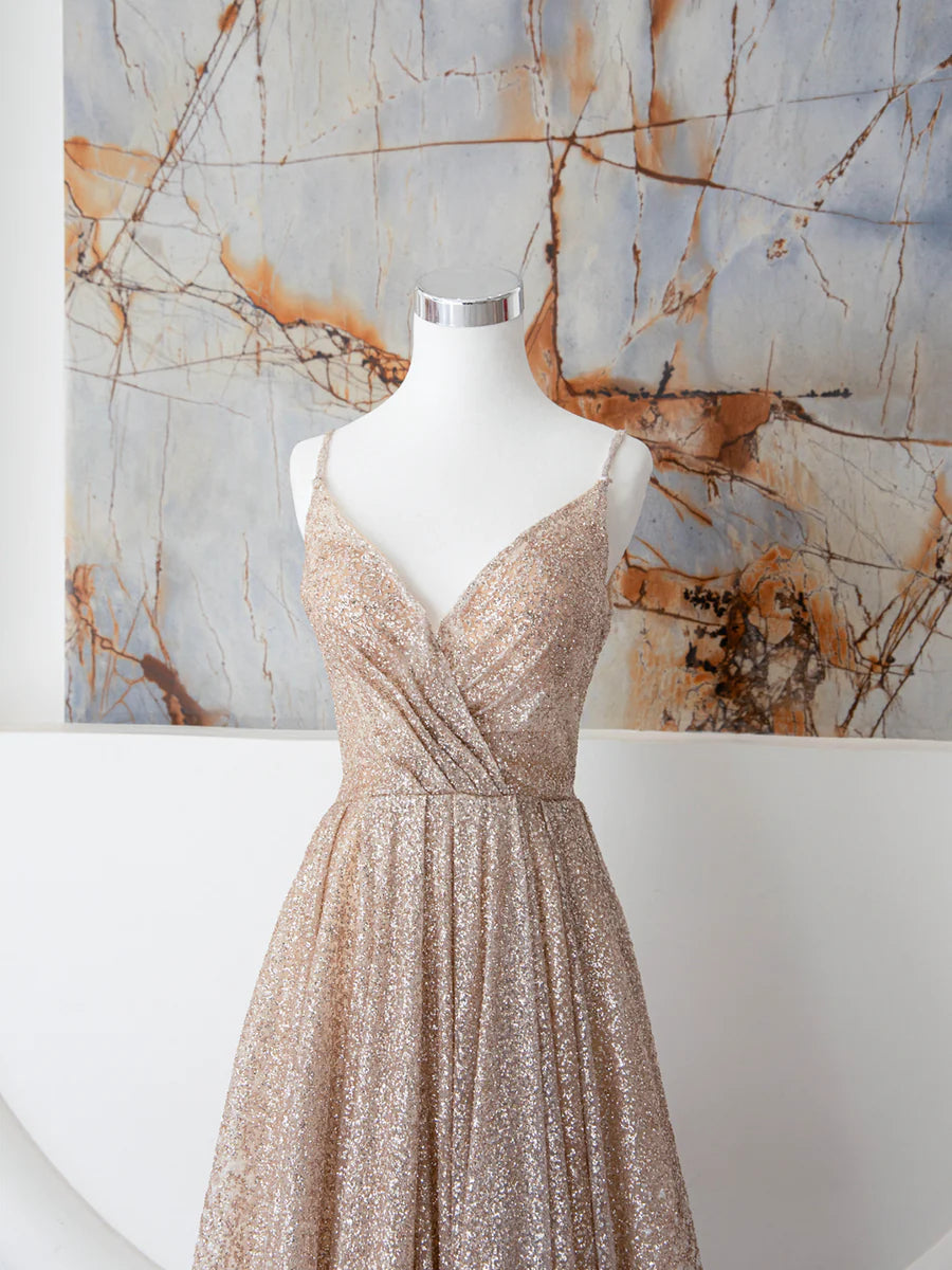 Champagne Spaghetti Strap Sequins Long Prom Dress, Shiny V-Neck Evening Dress  TP378