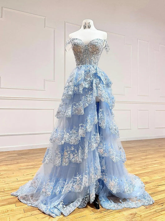 Blue Tulle Sequins Long Prom Dress, Beautiful Off Shoulder Evening Dress  TP379