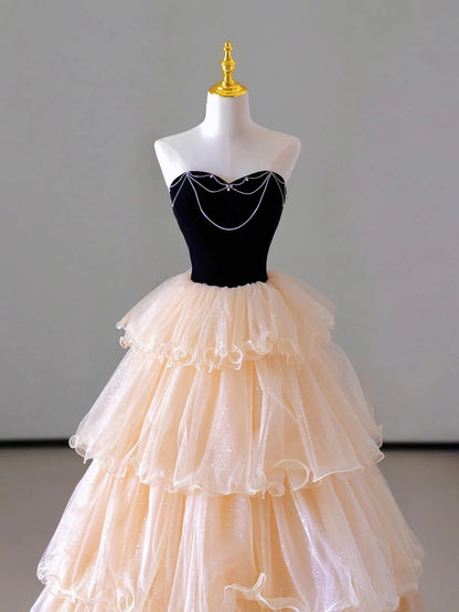 Champagne Strapless Tulle Long Prom Dress, Beautiful Formal Evening Dress  TP381