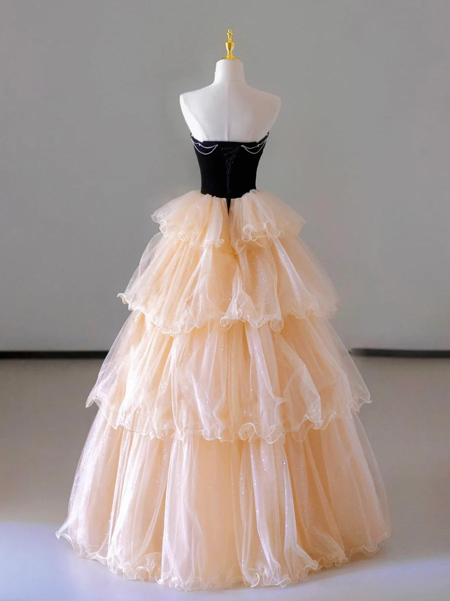 Champagne Strapless Tulle Long Prom Dress, Beautiful Formal Evening Dress  TP381