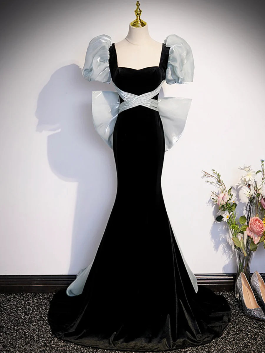 Black Velvet Long Prom Dress, Mermaid Evening Party Dress with Bow  TP382