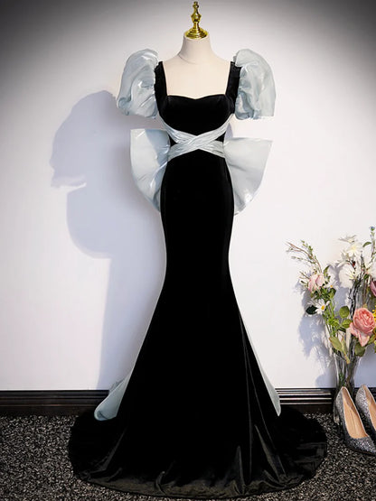 Black Velvet Long Prom Dress, Mermaid Evening Party Dress with Bow  TP382