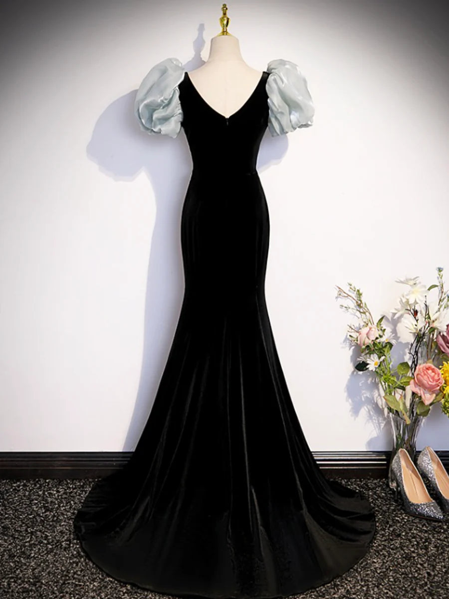 Black Velvet Long Prom Dress, Mermaid Evening Party Dress with Bow  TP382