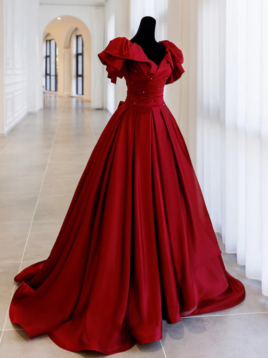 Burgundy Satin Long Prom Dress, A-Line Evening Party Dress  TP383