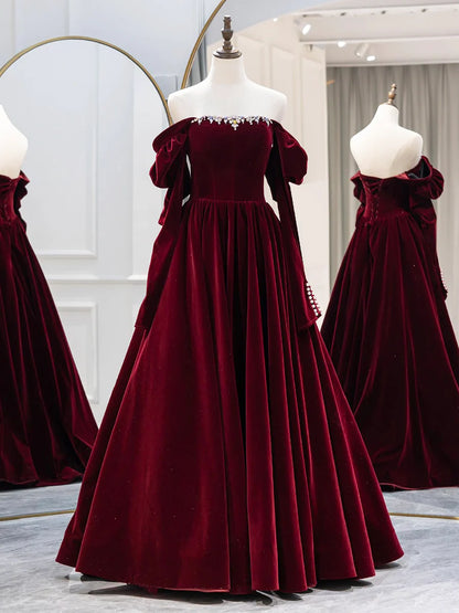 Burgundy Velvet Long Formal Dress, Elegant Long Sleeve A-Line Prom Dress  TP386