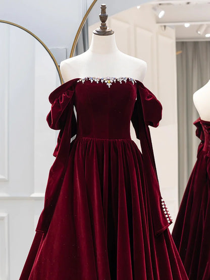 Burgundy Velvet Long Formal Dress, Elegant Long Sleeve A-Line Prom Dress  TP386