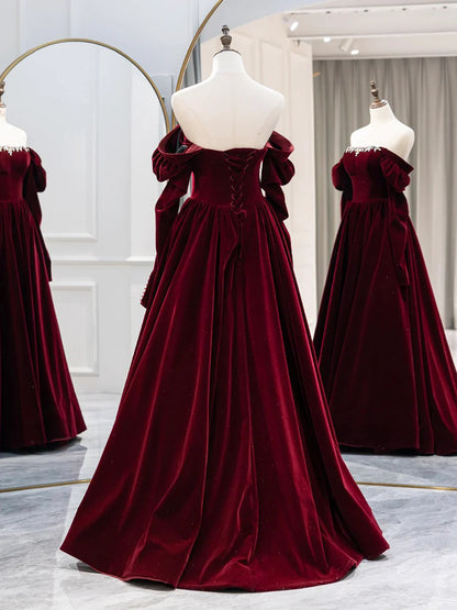 Burgundy Velvet Long Formal Dress, Elegant Long Sleeve A-Line Prom Dress  TP386