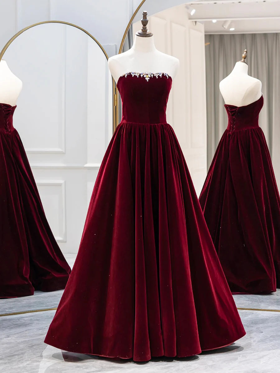 Burgundy Velvet Long Formal Dress, Elegant Long Sleeve A-Line Prom Dress  TP386