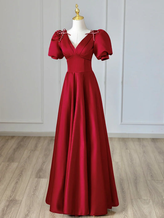 Burgundy V-Neck Satin Long Prom Dress, Burgundy Formal Evening Dress TP393