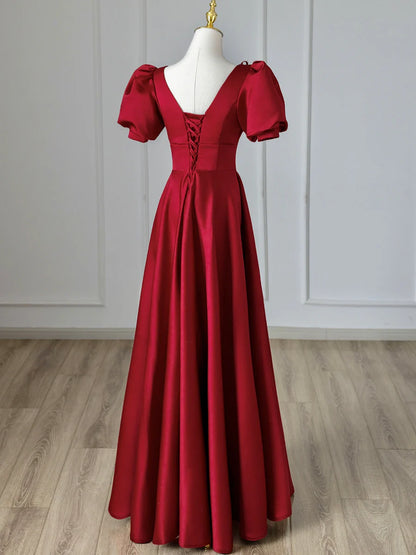 Burgundy V-Neck Satin Long Prom Dress, Burgundy Formal Evening Dress TP393