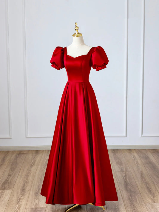 Red Satin Long Prom Dress, Simple A-Line Short Sleeve Evening Party Dress TP394