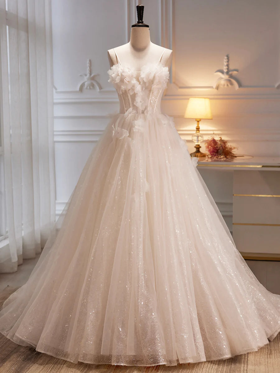 Spaghetti Strap Tulle Champagne Long Prom Dress, Champagne Evening Party Dress TP402