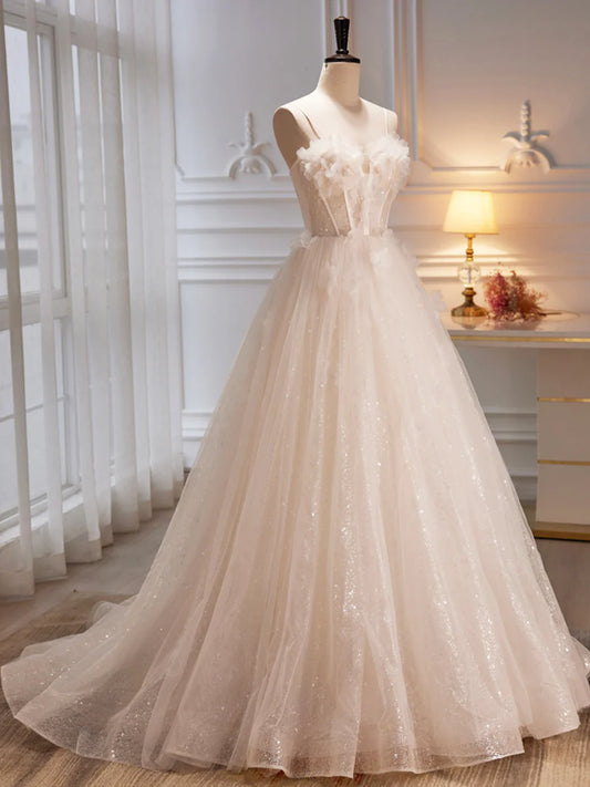 Spaghetti Strap Tulle Champagne Long Prom Dress, Champagne Evening Party Dress TP402