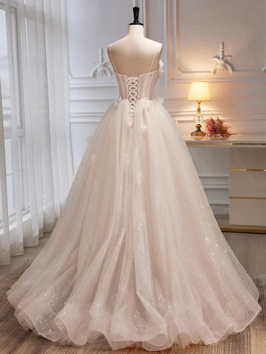 Spaghetti Strap Tulle Champagne Long Prom Dress, Champagne Evening Party Dress TP402