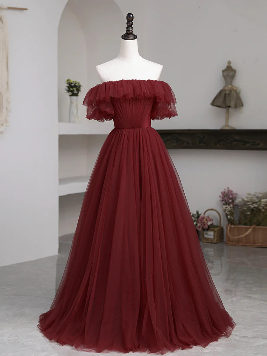 Burgundy Tulle Floor Length Prom Dress, Simple A-Line Evening Party Dress TP404