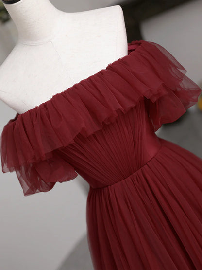 Burgundy Tulle Floor Length Prom Dress, Simple A-Line Evening Party Dress TP404