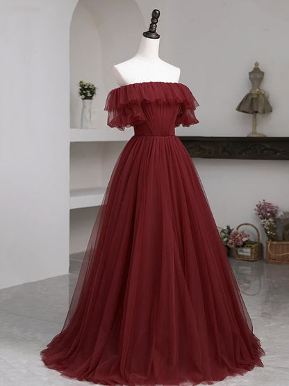 Burgundy Tulle Floor Length Prom Dress, Simple A-Line Evening Party Dress TP404