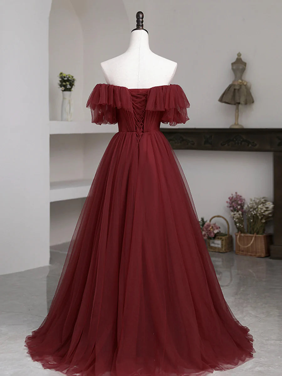 Burgundy Tulle Floor Length Prom Dress, Simple A-Line Evening Party Dress TP404