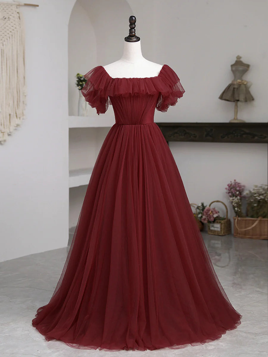 Burgundy Tulle Floor Length Prom Dress, Simple A-Line Evening Party Dress TP404