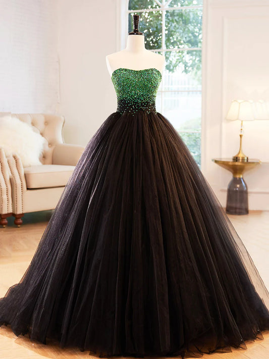 Black Strapless Tulle Long Prom Dress with Green Beaded, A-Line Formal Dress TP407