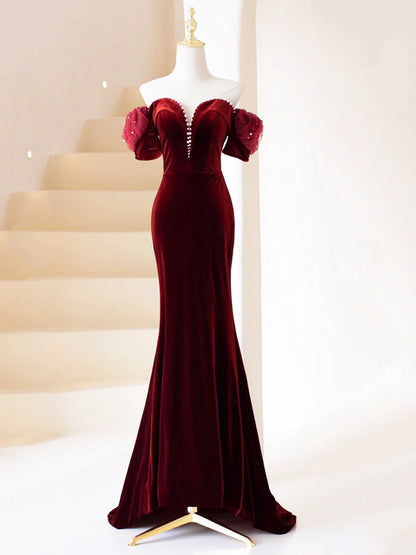 Burgundy Velvet Long Prom Dress, Mermaid Off Shoulder Evening Party Dress TP410