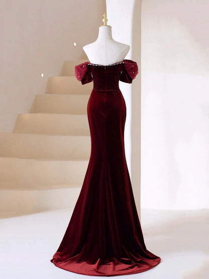 Burgundy Velvet Long Prom Dress, Mermaid Off Shoulder Evening Party Dress TP410