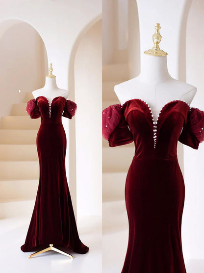 Burgundy Velvet Long Prom Dress, Mermaid Off Shoulder Evening Party Dress TP410