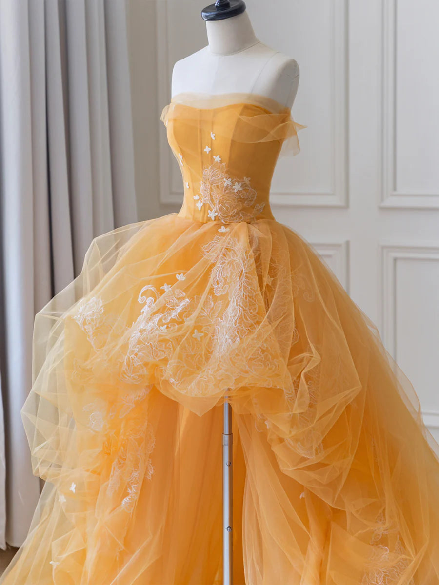 Orange Tulle Lace Long High Low Prom Dress, A-Line Strapless Evening Dress TP416