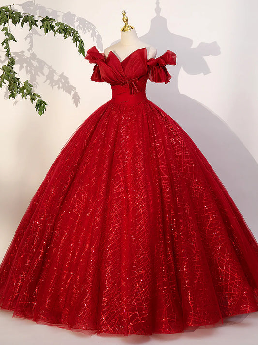 Red Tulle Long A-Line Ball Gown, Red Off Shoulder Formal Dress TP418