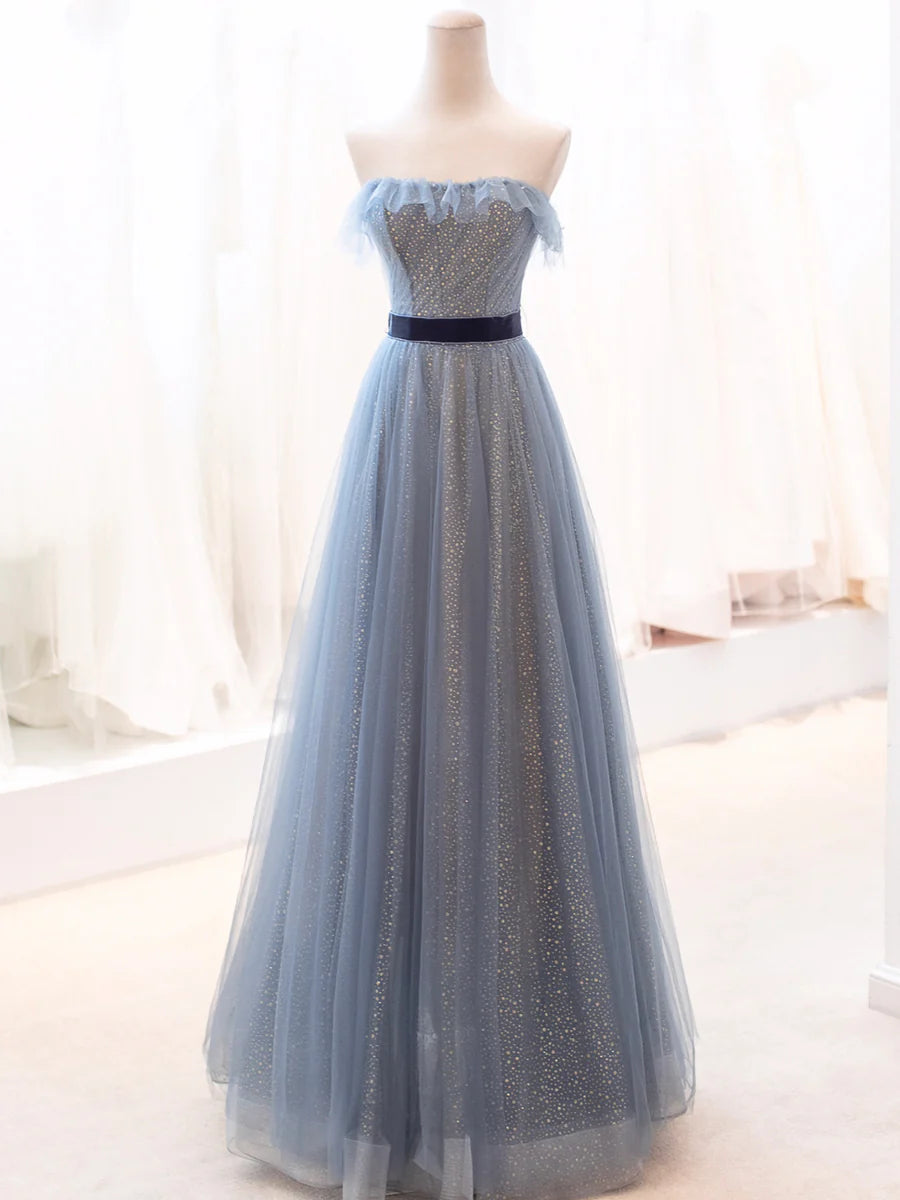 Blue Tulle Long Prom Dress, A-Line Strapless Evening Party Dress TP441