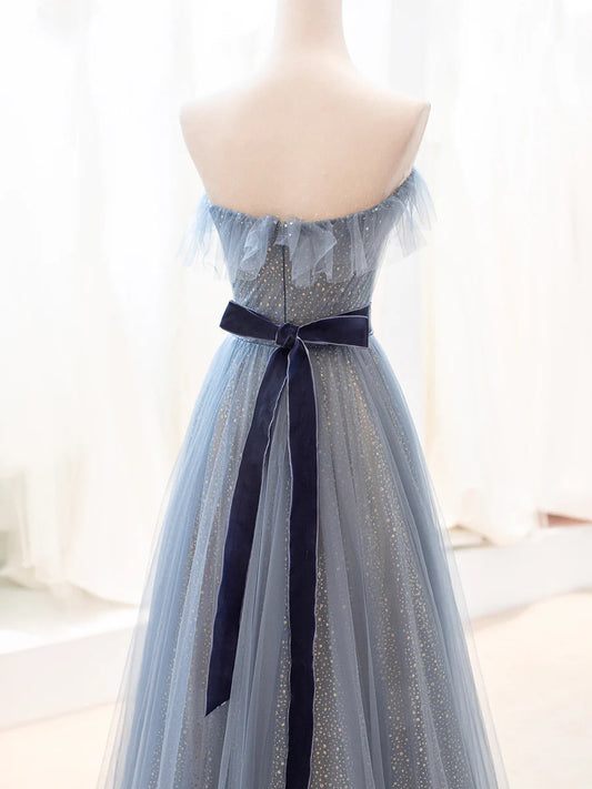 Blue Tulle Long Prom Dress, A-Line Strapless Evening Party Dress TP441