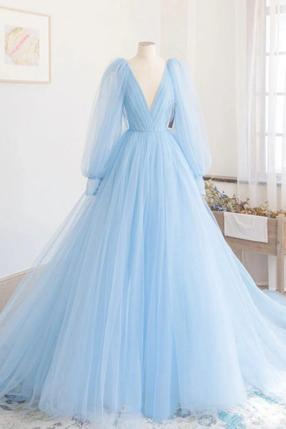 Blue V-Neck Tulle Long Prom Dress, Long Sleeve A-Line Evening Party Dress TP451