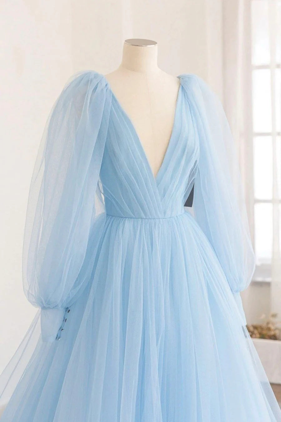 Blue V-Neck Tulle Long Prom Dress, Long Sleeve A-Line Evening Party Dress TP451