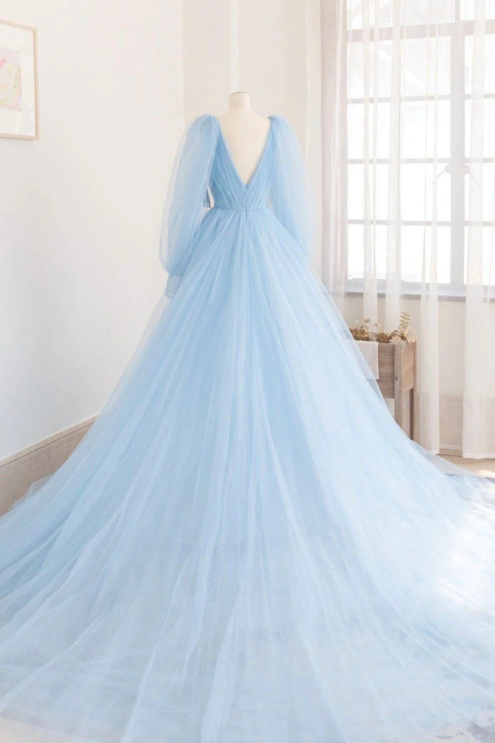 Blue V-Neck Tulle Long Prom Dress, Long Sleeve A-Line Evening Party Dress TP451