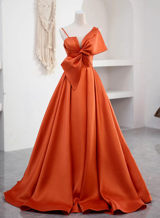 Spaghetti Straps Orange Satin Prom Formal Dress, A-Line Floor Length Evening Dress TP454