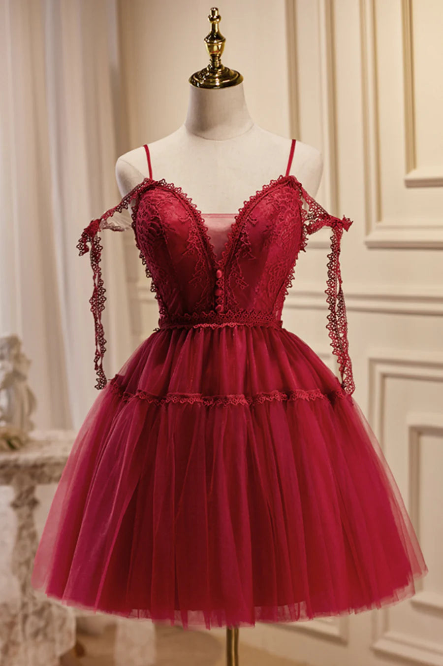 Burgundy Lace Short A-line Prom Dress, Cute Spaghetti Strap Party Dress TP463