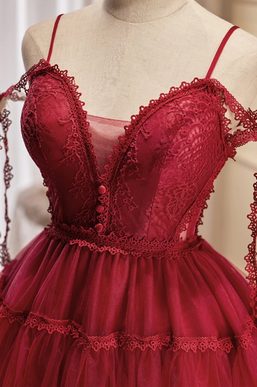 Burgundy Lace Short A-line Prom Dress, Cute Spaghetti Strap Party Dress TP463