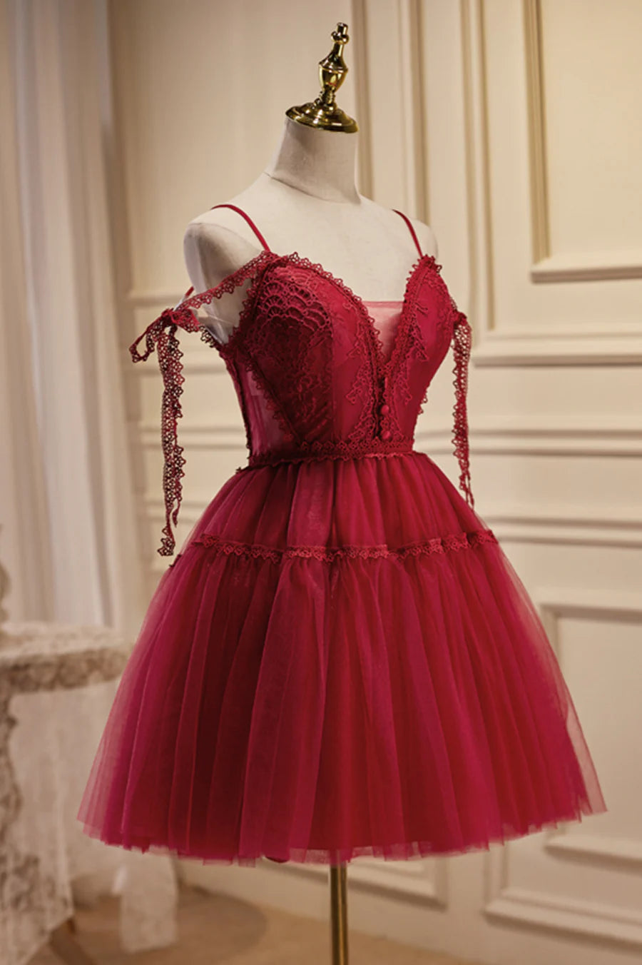 Burgundy Lace Short A-line Prom Dress, Cute Spaghetti Strap Party Dress TP463