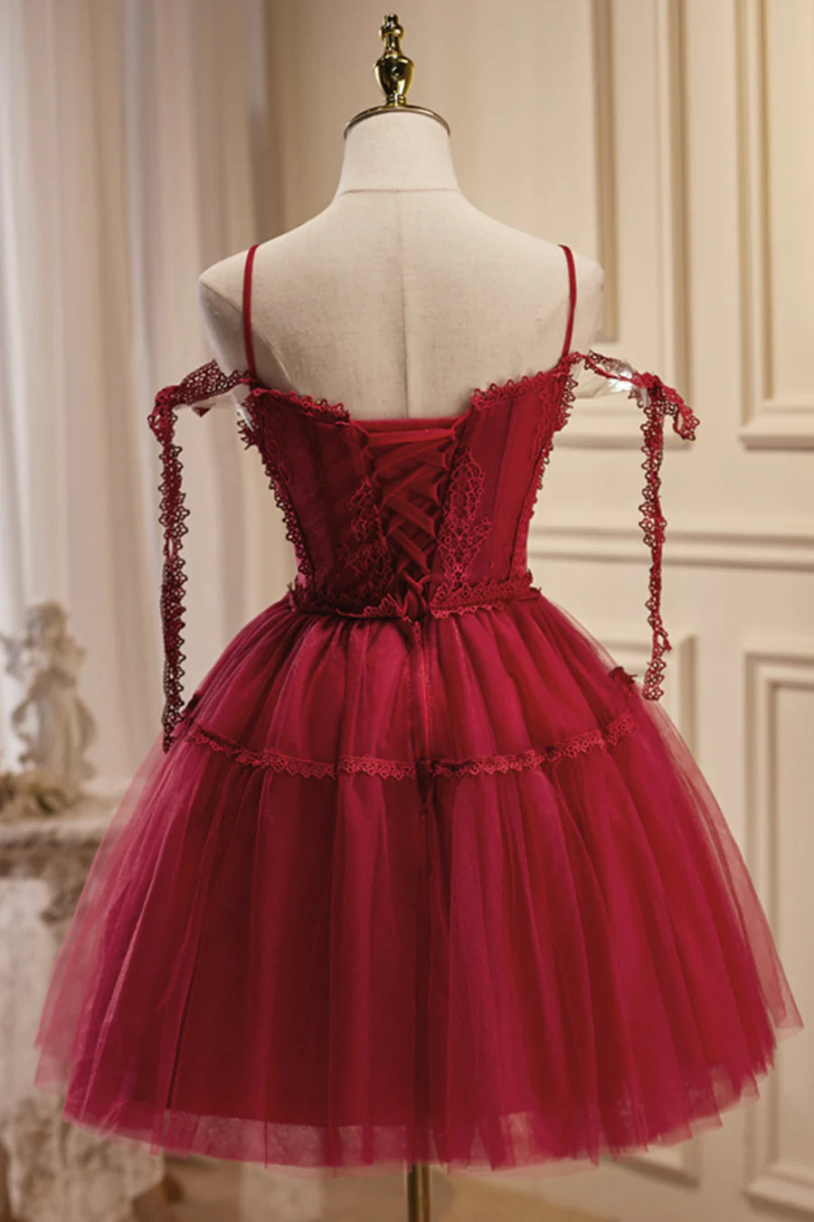 Burgundy Lace Short A-line Prom Dress, Cute Spaghetti Strap Party Dress TP463