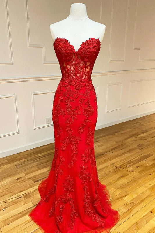 Red Strapless Lace Long Prom Dress, Mermaid Evening Dress TP472