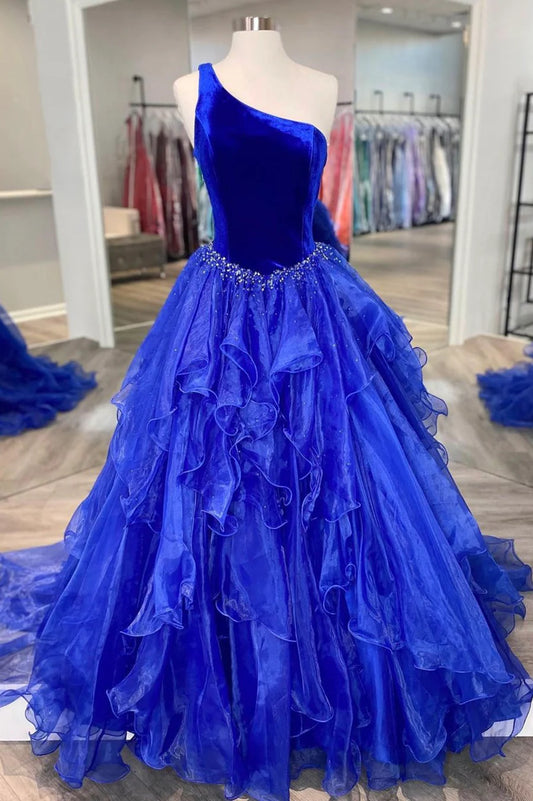 Blue Velvet Tulle One Shoulder Prom Dress, Blue Floor Length Evening Dress TP478