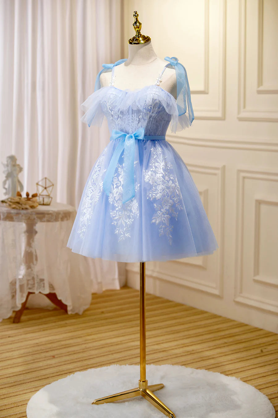 Blue Lace Knee Length Prom Dress, Lovely A-Line Homecoming Dress TP480