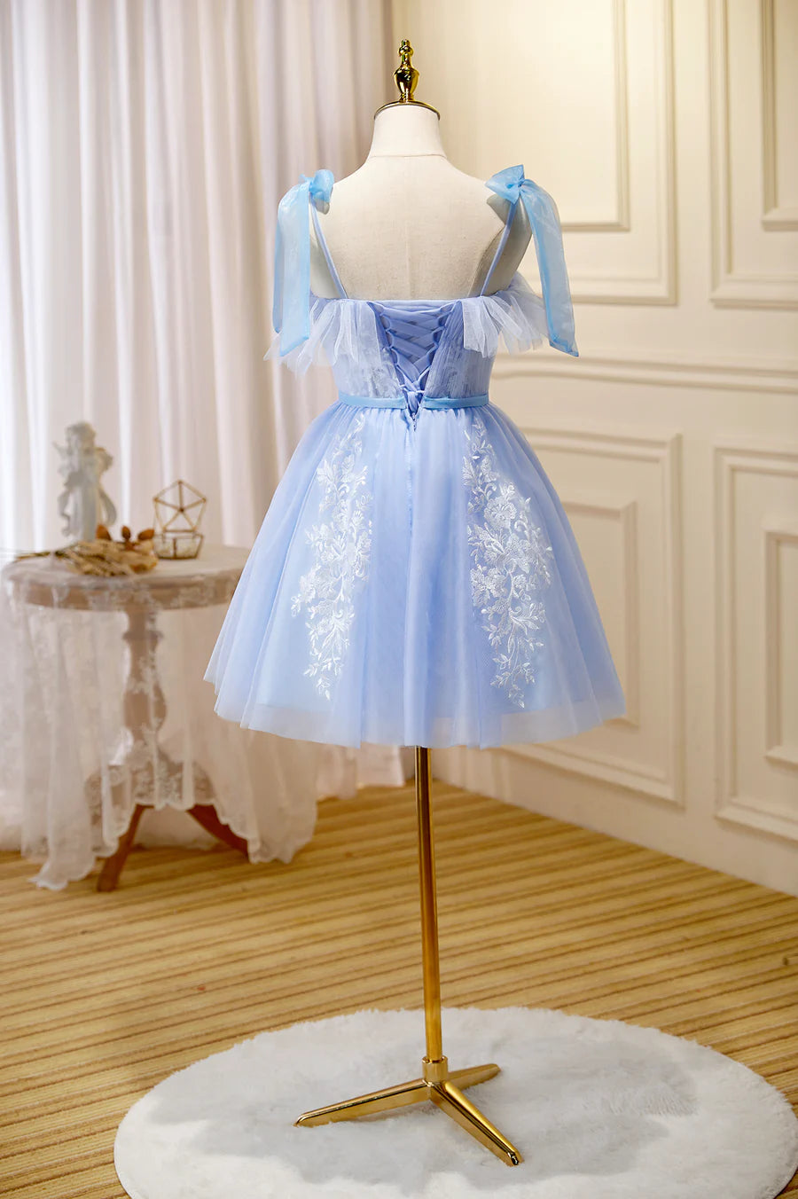 Blue Lace Knee Length Prom Dress, Lovely A-Line Homecoming Dress TP480