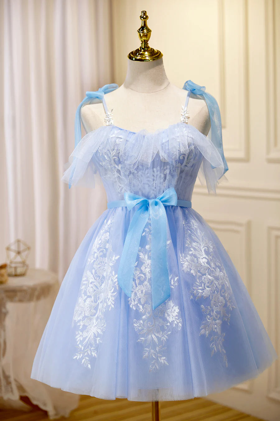 Blue Lace Knee Length Prom Dress, Lovely A-Line Homecoming Dress TP480