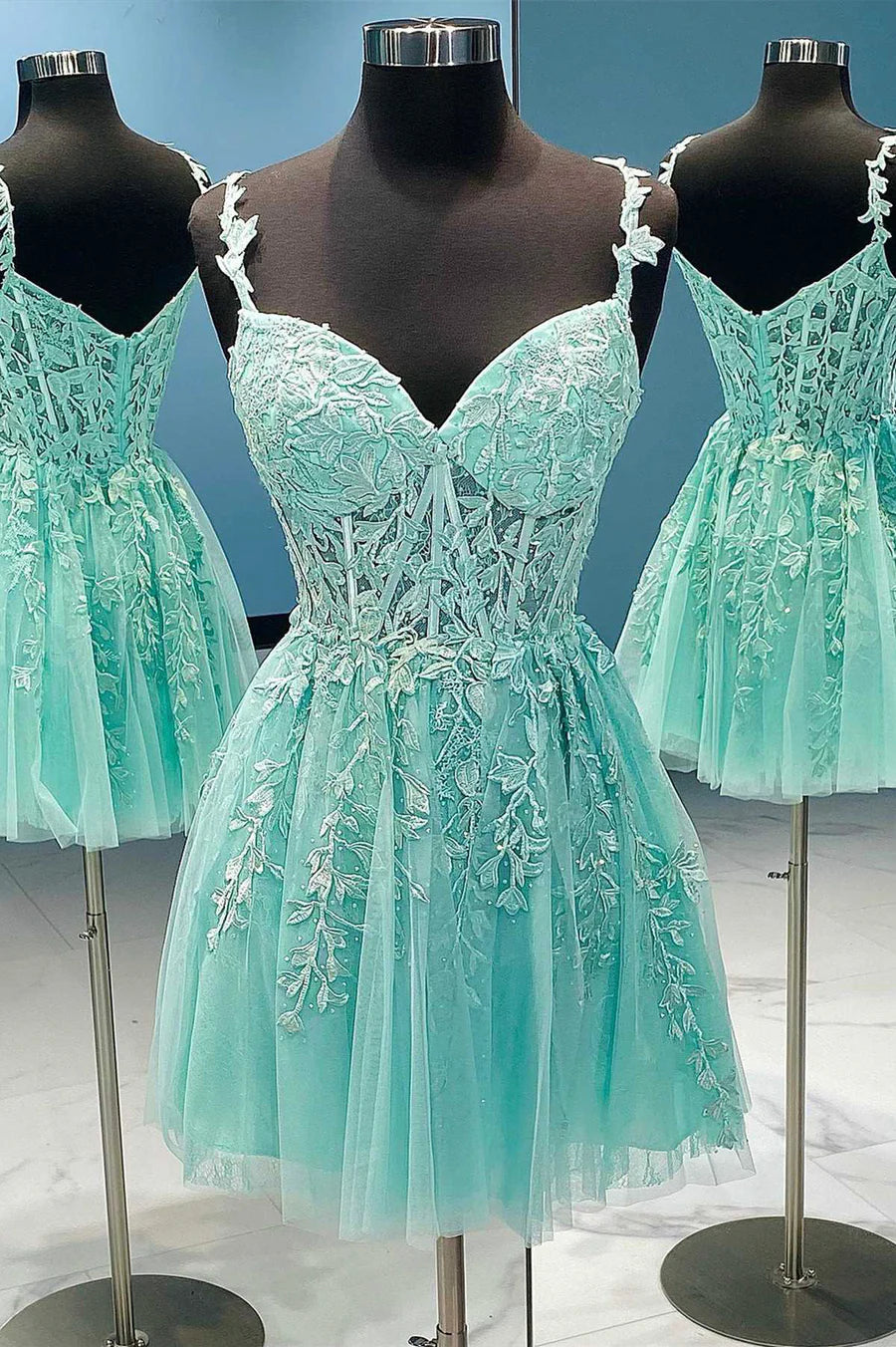 A-Line Tulle Lace Short Prom Dress, Cute Spaghetti Strap Party Dress TP483