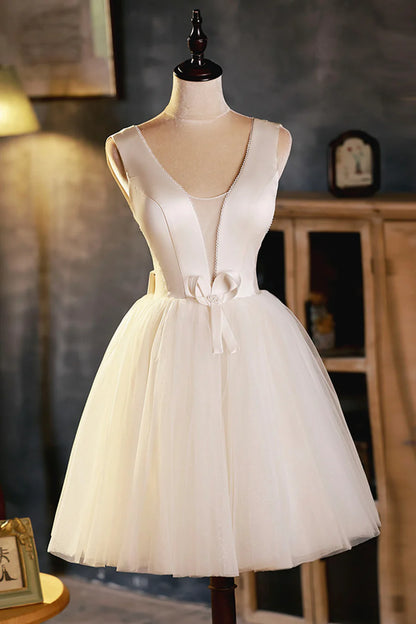 Champagne V-Neck Tulle Short Prom Dress, A-Line Evening Party Dress TP485