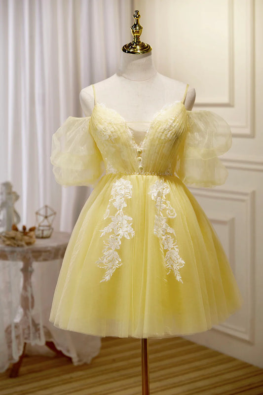 Yellow Lace Short Prom Dress, Off the Shoulder Homecoming Dress TP486