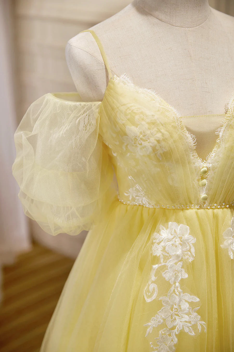 Yellow Lace Short Prom Dress, Off the Shoulder Homecoming Dress TP486